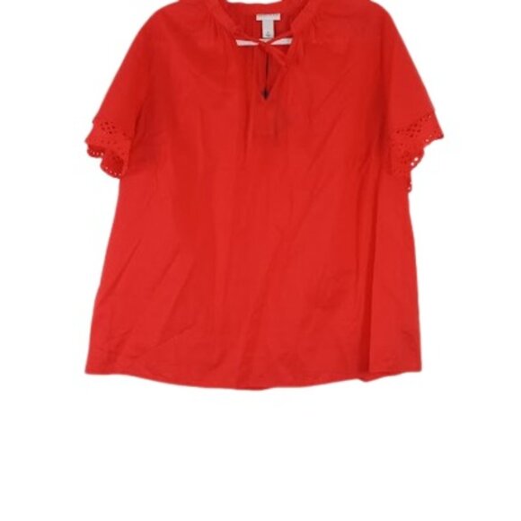 Ava & Viv Womens Eyelet Sleeve Peasant Top Red Tie Neck Cotton Plus 1X New - Picture 1 of 3